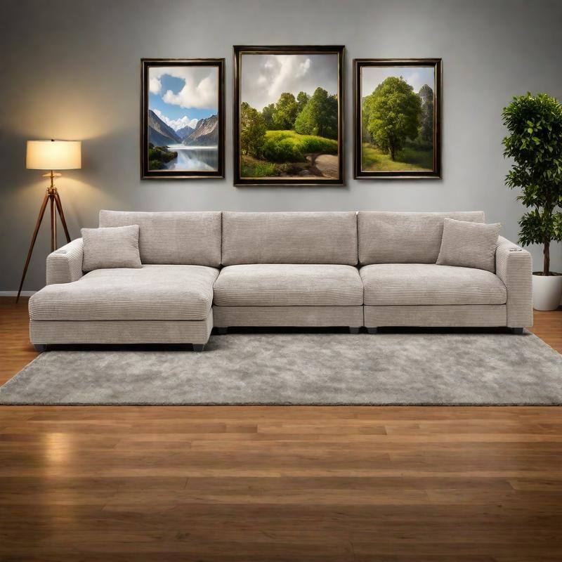 134" Corduroy Sectional Sofa with L-Shaped Cloud Couch and USB Charging & 50" Chaise (330lb Capacity) - khaki
