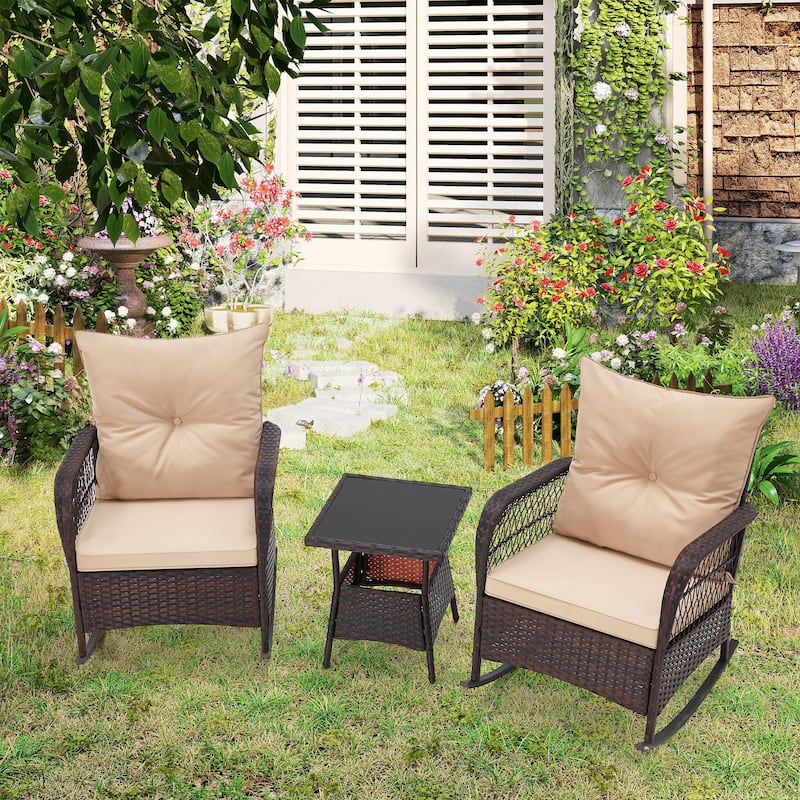 3-Piece Outdoor Rocking/Swivel Chair Set - PE Rattan Patio Furniture with Cushions & Coffee Table, Rocker Chairs for Backyard