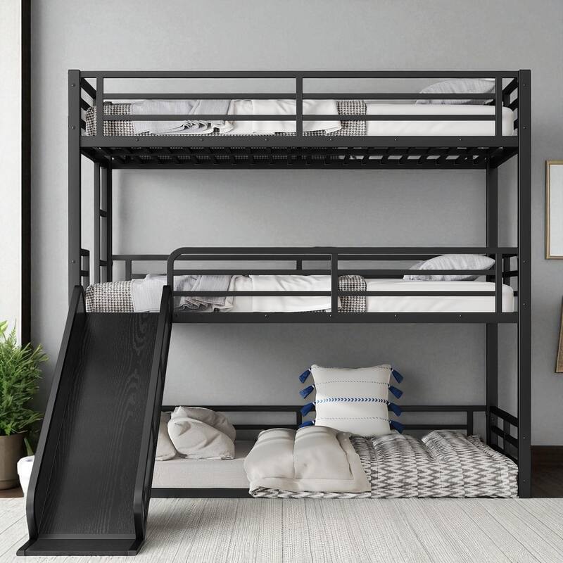 Metal Triple Bunk Bed with Slide, Twin XL/Full/Queen, Safety Guardrails, Quiet Slat Design, Heavy-Duty, Black - Black - Twin XL