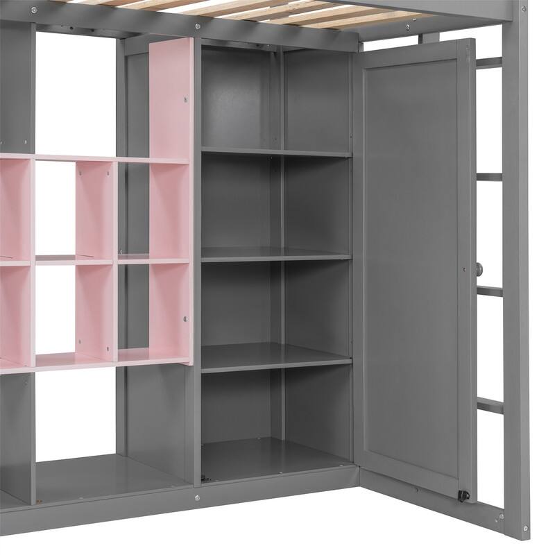 Twin/Full Size Loft Bed with Wardrobe and Cabinet, Wooden Loft Bedframe with Storage Shelves, Ladder and Guardrail for Kids