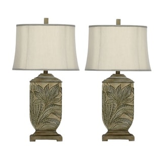 Pair of 27" Cast Leaf Embossed Design Table Lamps with Crepe Lined Designer Shades - 27