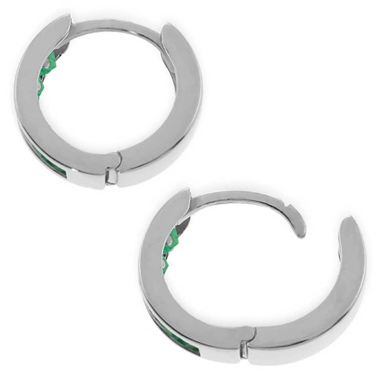 14K Solid Gold Hoop Huggie Gemstone Earrings w/ Natural Emeralds