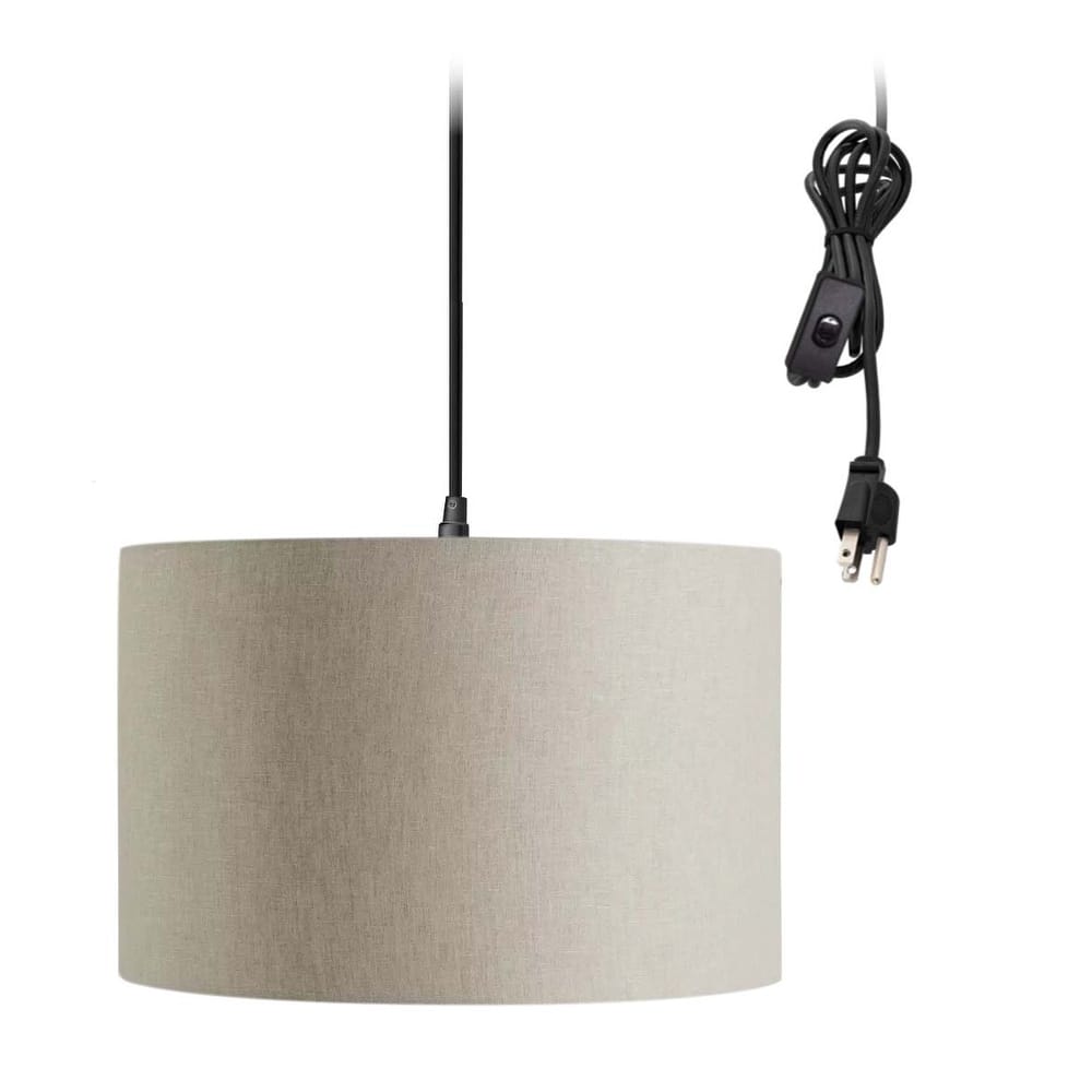 1 Light Swag Plug-In Pendant 16"w Light Oatmeal Linen Drum Shade, 17' Black Cord