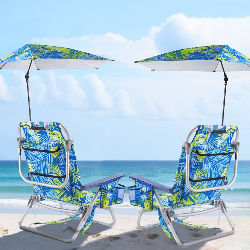 BOSSIN Outdoor Beach Chairs with Umbrella,Folding Backpack Beach Chair with Pockets and Cup Holder,Adjustable height Towel Rack - 2pcs-Colorful