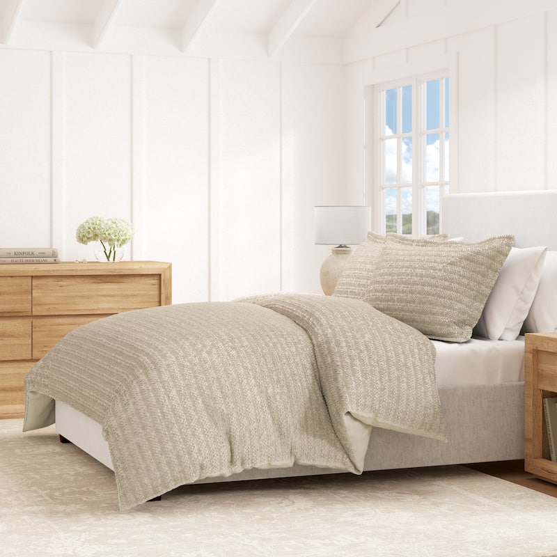 Linery & Co. 100% Cotton Reversible Honeycomb Waffle / Percale Duvet Cover Set - Cappuccino - King