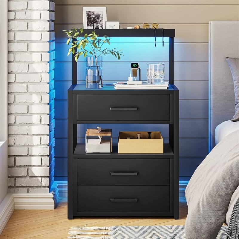Nightstand with Charging Station - Black-1 Pack