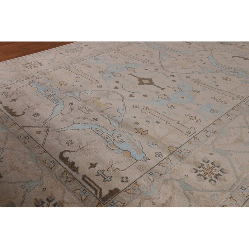 All-Over Beige Oushak Indian Area Rug Hand-Knotted Wool Carpet - 9'2" x 11'8"