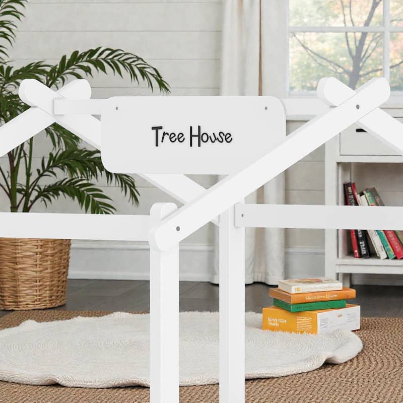 Kids House Floor Bed with Guardrails and Roof, Built-in Tray and Signboard, Montessori Floor Bed for Toddlers