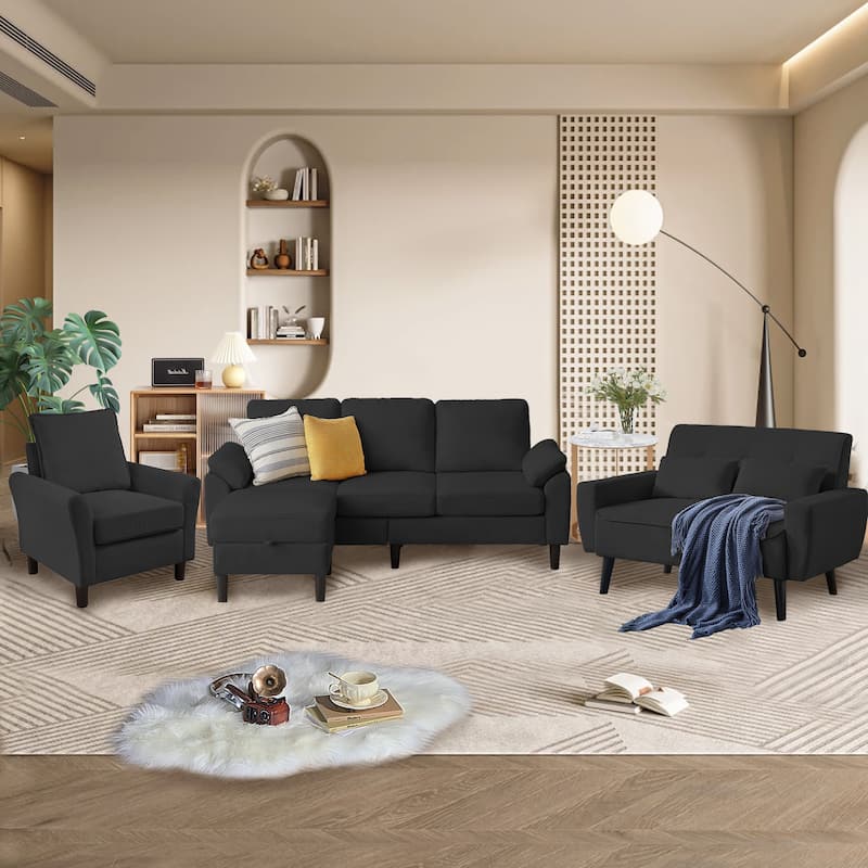 4-Piece Corduroy Living Room Sectional Sofa Set with Loveseat and Chair