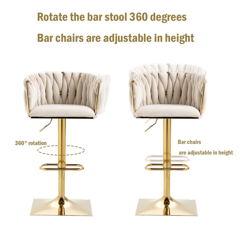 Vintage Velvet Bar Stools with Back and Footrest 2PC/SET,Adjusatble Seat Height from 25.6-32.68 Inch