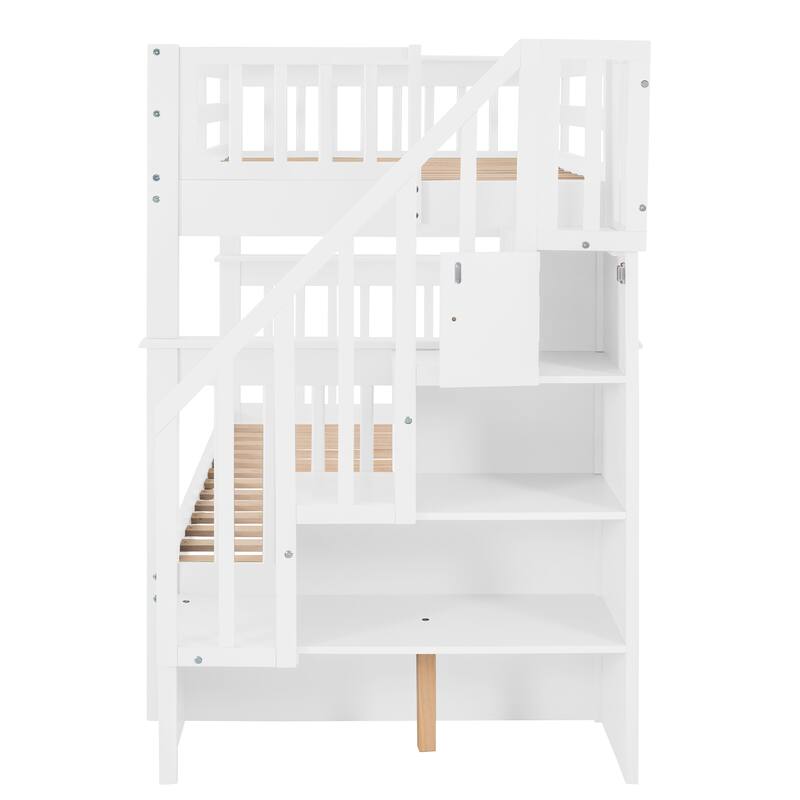 Twin-Over-Twin Bunk Bed with Storage and Guard Rail, White