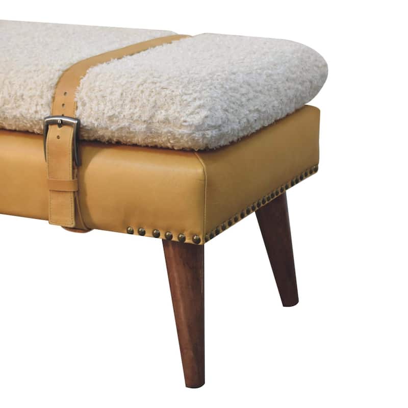 Artisan Furniture Solid Wood Boucle x Tan Leather Bench, Brown
