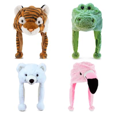 DolliBu Zoo Animal Plush Hat Set of 4 Warm Hat with Ear Flaps - One Size