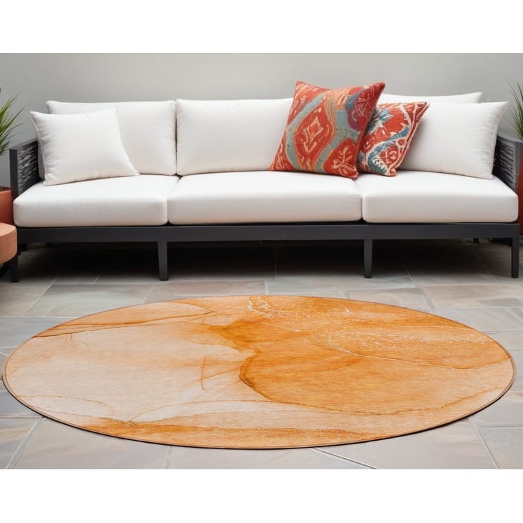 Almilo Contemporary Abstract Weather Resistant Blended Style Outdoor Rug - 8' Round - Orange
