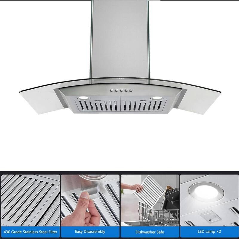 30 Inch Curved Glass Range Hood, Ductless/Ducted Convertible Stove Vent