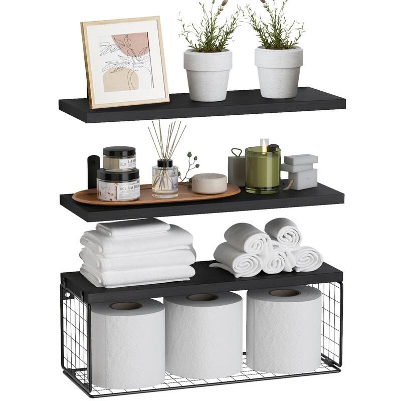 Over-Toilet Floating Shelf w/Wire Basket & Wall Mount - Black - Black