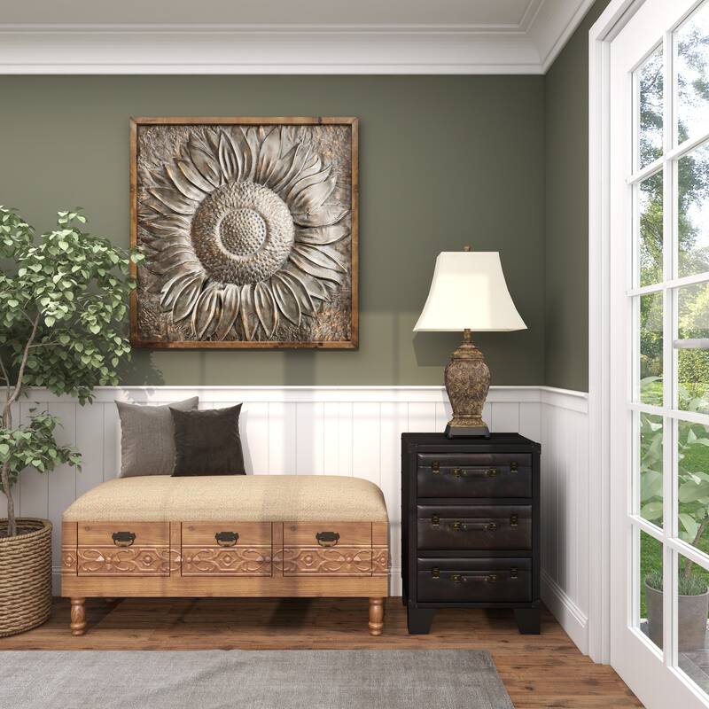 Brown Wood Intricately Carved Floral Storage Bench with Cream Burlap Top