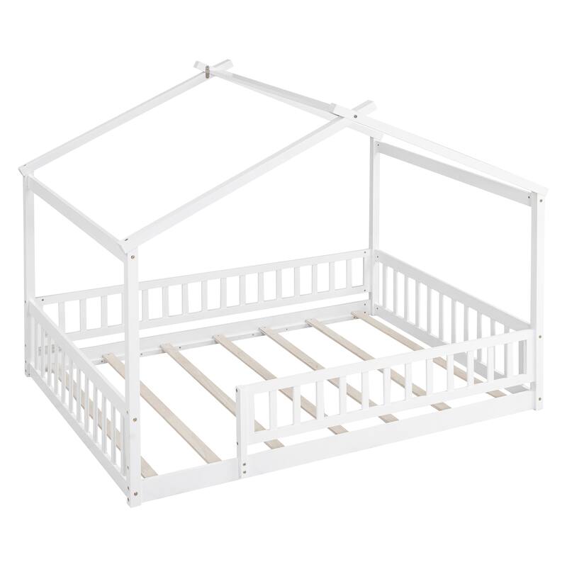Full Size House Bed with Roof and Fence, Pine Wood Frame