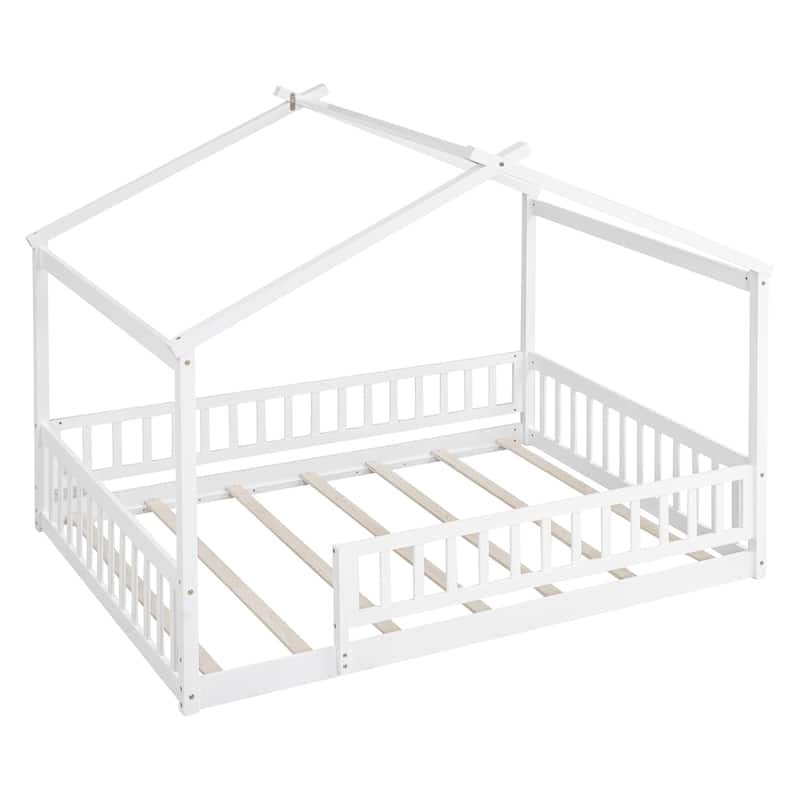 Full Size Wood House Bed Frame with Fence, Playhouse-Inspired Design