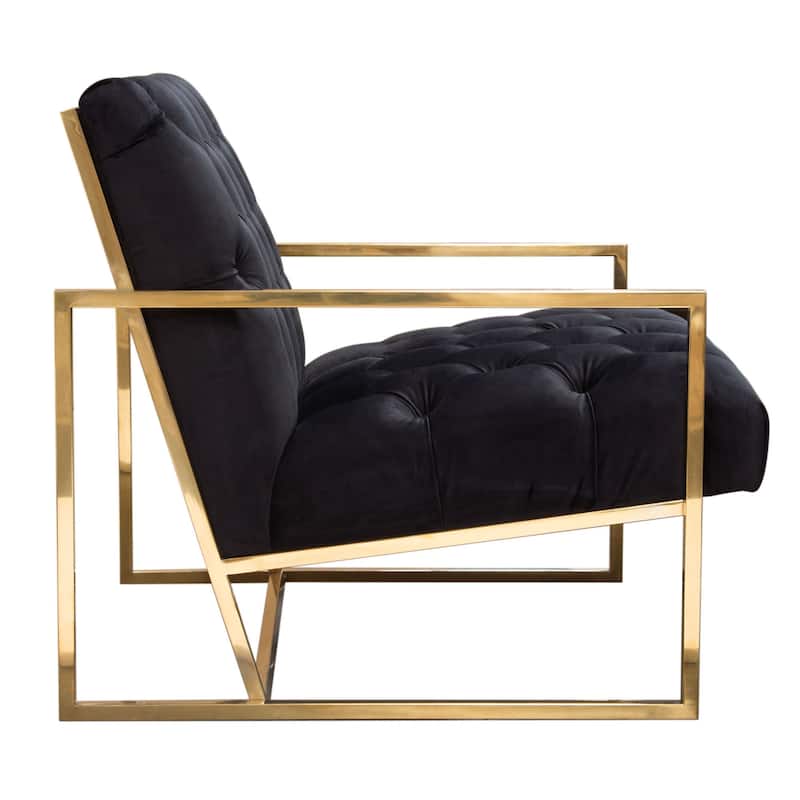Masy Accent Armchair, Black Tufted Velvet Angled Seat and Back, Gold Legs