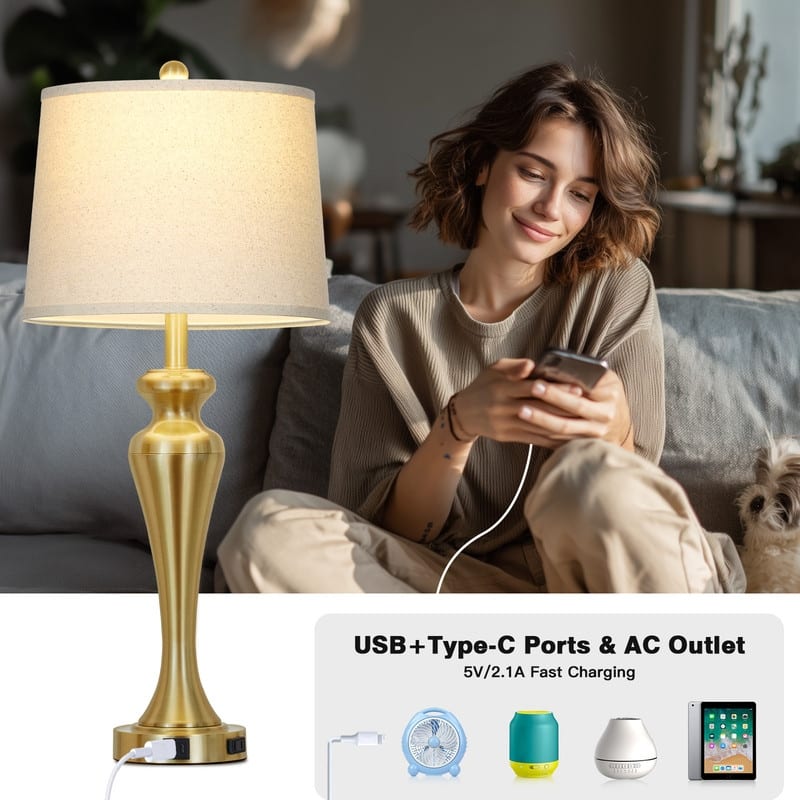 30'' Gold Elegant Table Lamp with USB-C Charging, Golden Base, Touch Dimmer(Set of 2) - 13'' x 13'' x 30''