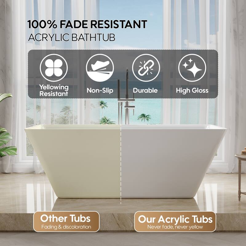 Freestanding Soaking Bathtub, 100% Pure Virgin Acrylic with Drain And Overflow,Glossy White