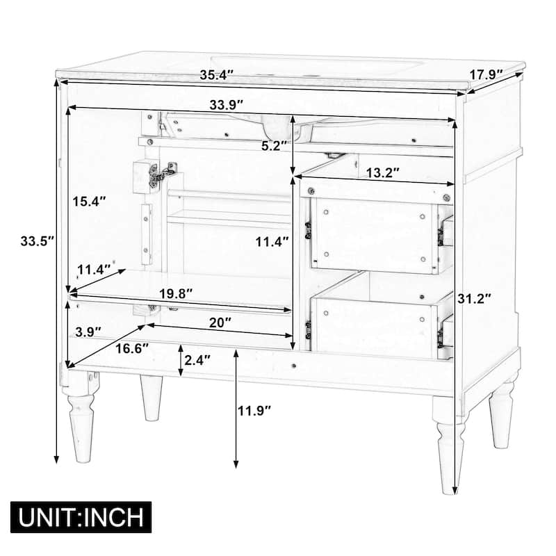 Roomfitters 36" Bathroom Vanity with Sink, Solid Wood Frame, Flip Drawer, 2 Drawers & Door Rack