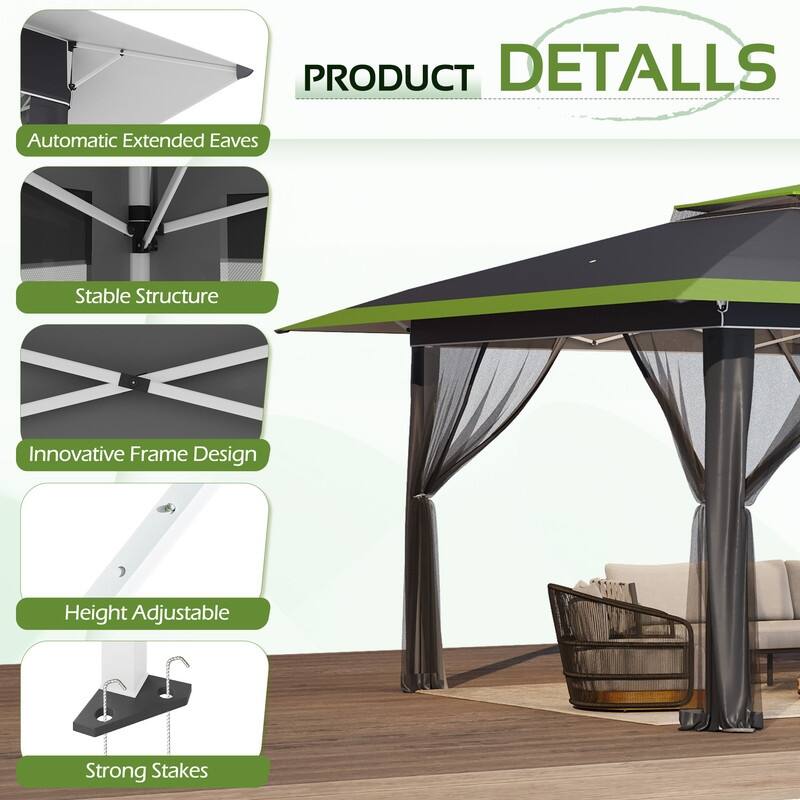 13x13 FT Pop Up Canopy Tent with Netting, UPF 50+ Outdoor Canopy with Automatic Eaves & One-Push Lock, for Patio & Parties