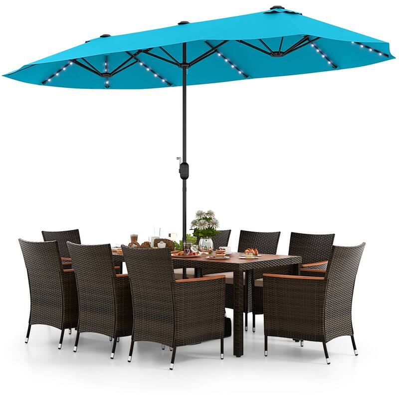 Gymax Set of 11 Patio Dining Set w/ 15ft Double-Sided Patio Umbrella - Brown