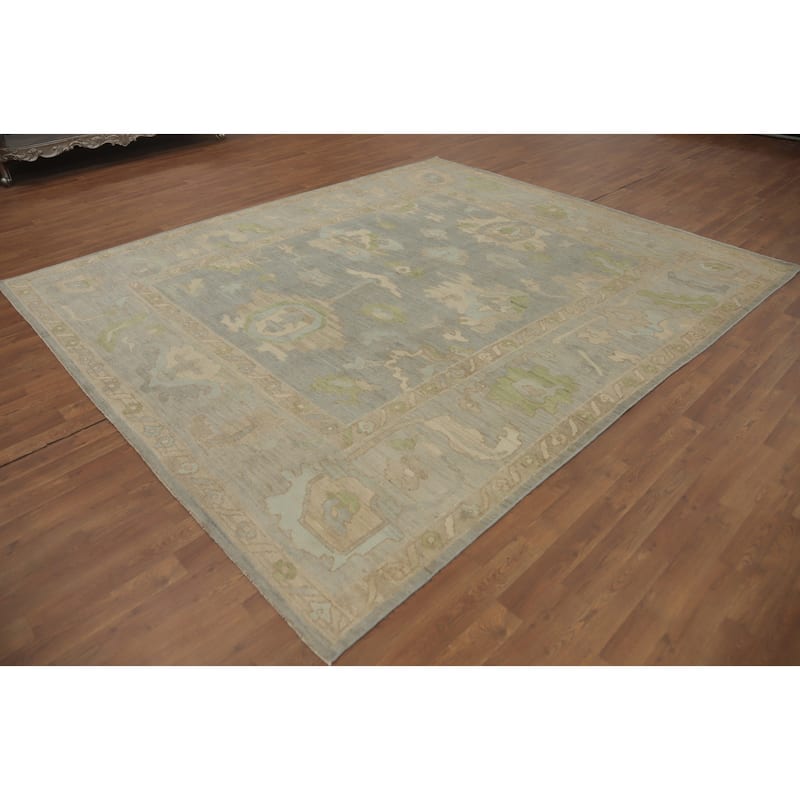 Handmade Gray Oushak Vegetable Dye Area Rug, Flora Geometric Carpet - 9' 10'' X 8' 6''
