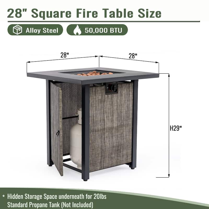 28" Propane Square Steel Gas Fire Pit with 50000 BTU