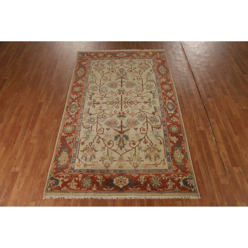 Hand Knotted Oriental 100% Wool Carpet Traditional Floral Beige & Ivories Heriz (serapi) Area Rug - 8' 0'' X 4' 10''