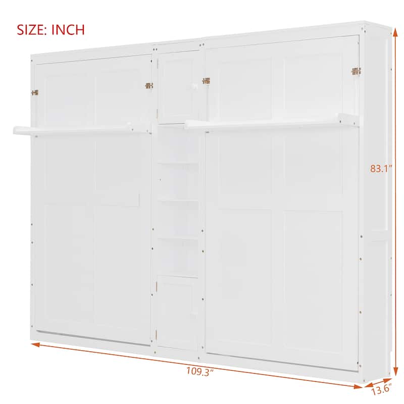 Dual Twin Murphy Wall Beds with Storage Cabinets and Open Shelves, Foldable Space-Saving Design for Small Rooms