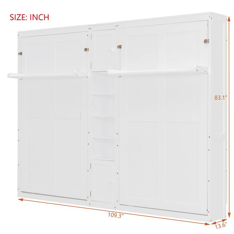 Dual Twin Wall Murphy Bed with Storage Cabinet and Display Shelves, Foldable Wooden Bed Frame for Apartments or Guest Rooms