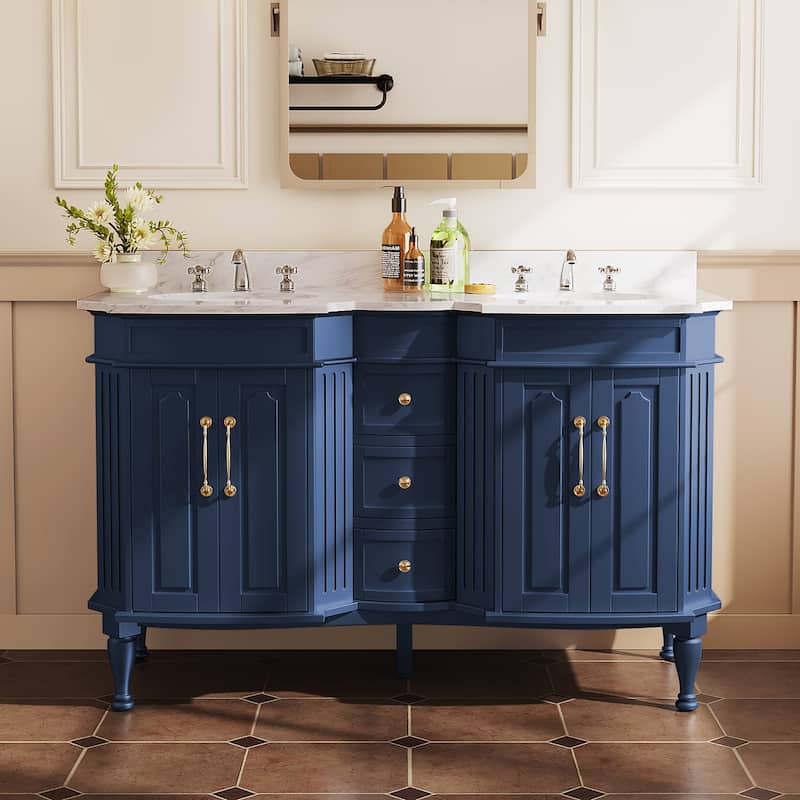 54-Inch European Style Solid Wood Bathroom Vanity with Sink – Elegant Detailing - Blue