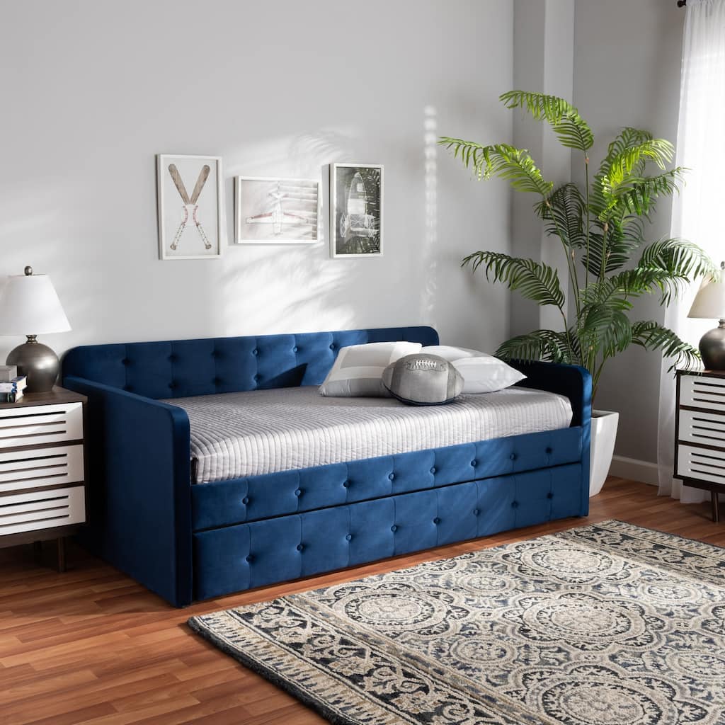Navy Blue Velvet Daybed with Trundle - Twin Size Upholstered Daybed, Button Tufted Design, Transitional Style