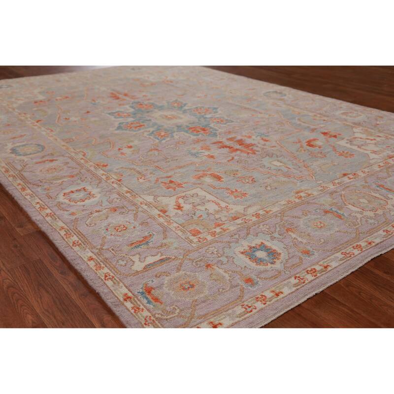 Hand Knotted Oriental 100% Wool Carpet Transitional Medallion Purples Oushak Area Rug - 9' 0'' X 6' 2''