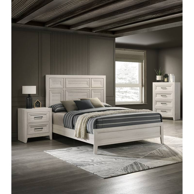 Antique White Queen Size Panel Bed with Recessed Design, Wooden Bedroom Furniture