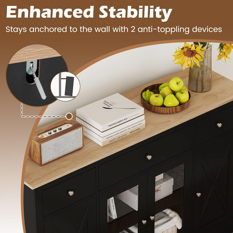 Gymax 55'' Large Buffet Sideboard w/ 3 Drawers 2 See-through Doors - Back