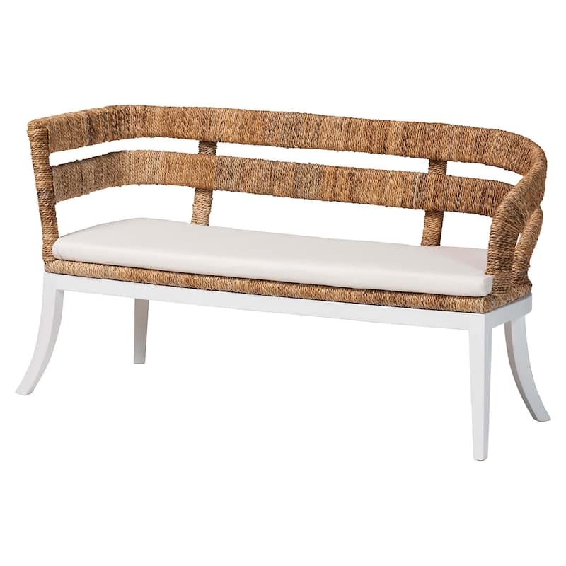 Ubud Seagrass Dining Nook Set with Mahogany Wood Frame - L-Shaped Rattan Accent Corner Bench for Kitchen or Dining Room, 2-Piece