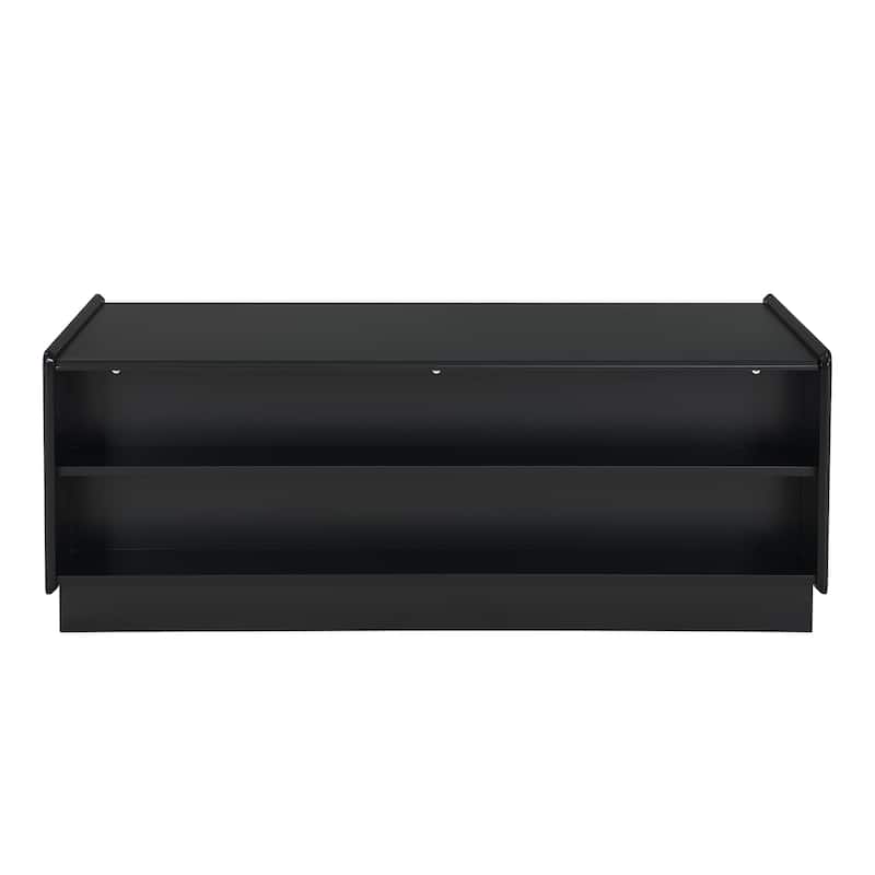 Modern Coffee Table with Tempered Glass Drawers & Grooved Design, End Table Office Table with Open Display Shelves