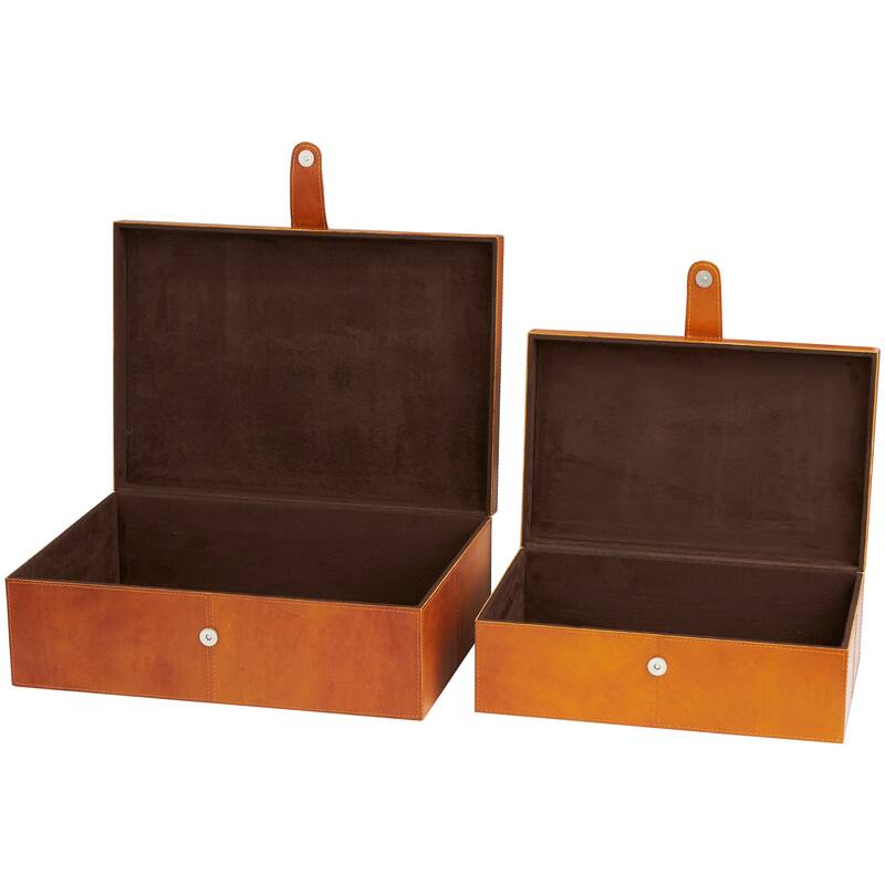 Brown Leather Storage Box with Snap Front Closure and Detailed Stitching (Set of 2)