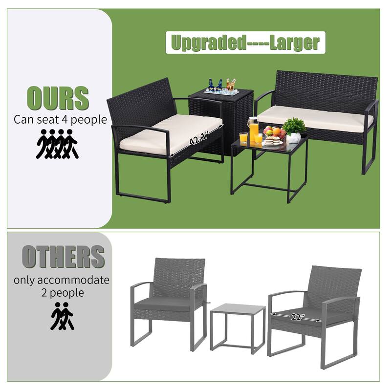 4-Piece Wicker Outdoor Sofa Set, 2 Loveseats, 1 Table, 1 Ice Bucket