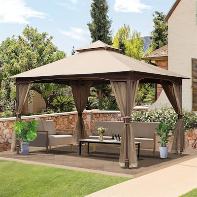 Outdoor Gazebo with Mosquito Netting, Metal Frame Double Roof Soft Top Patio Gazebo Canopy Tent