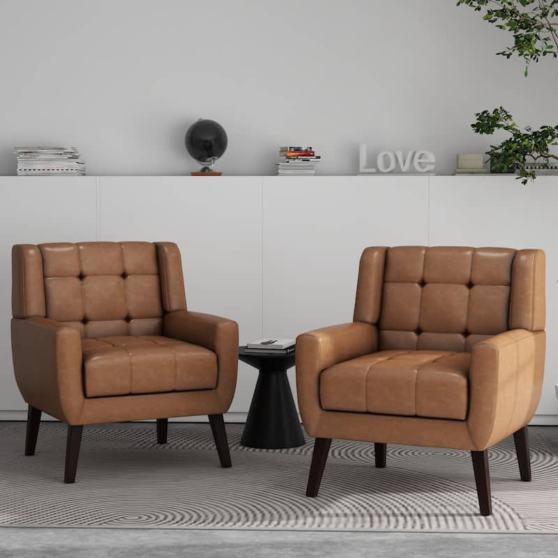 Tufted Arm Chair Upholstered Lounge Chair(Set of 2) - Brown PU