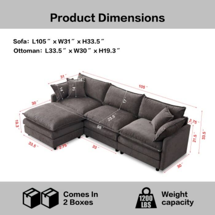 105" Modular Sectional Sofa with Ottoman, Upholstered Chenille Fabric 3-Seater