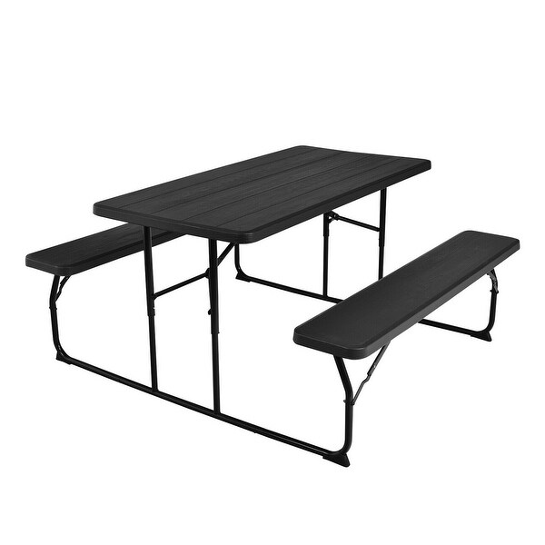 SUGIFT Indoor and Outdoor Folding Picnic Black Table Bench Set with Wood-like Texture