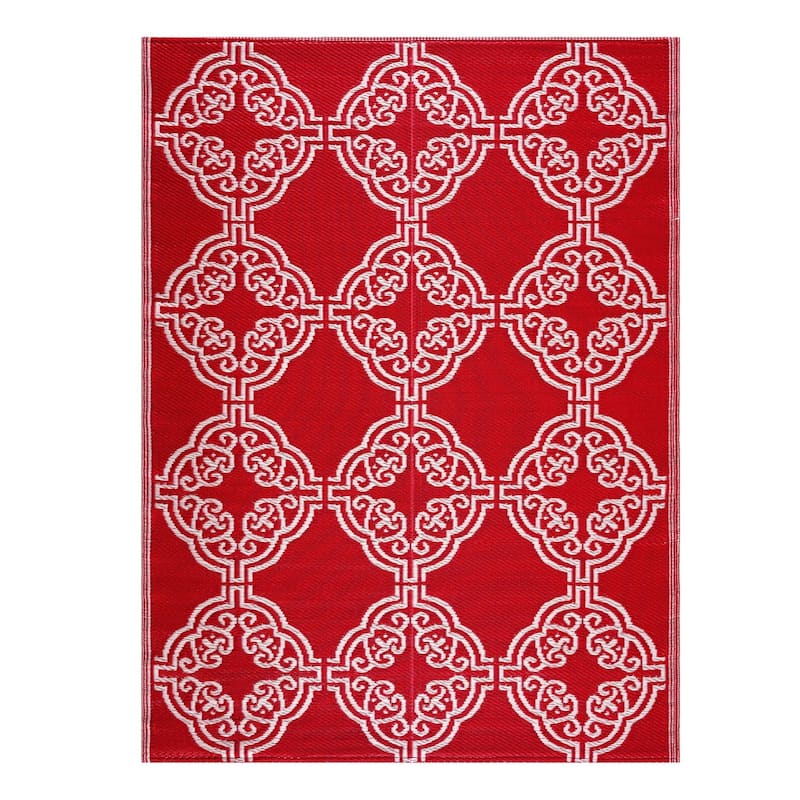 Playa Rug Outdoor Recycled Reversible Plastic Folded Mat/Rug Marrakesh Collection Lightweight & Weather, Water and UV Resistant - 2'4''x6' - Red&White