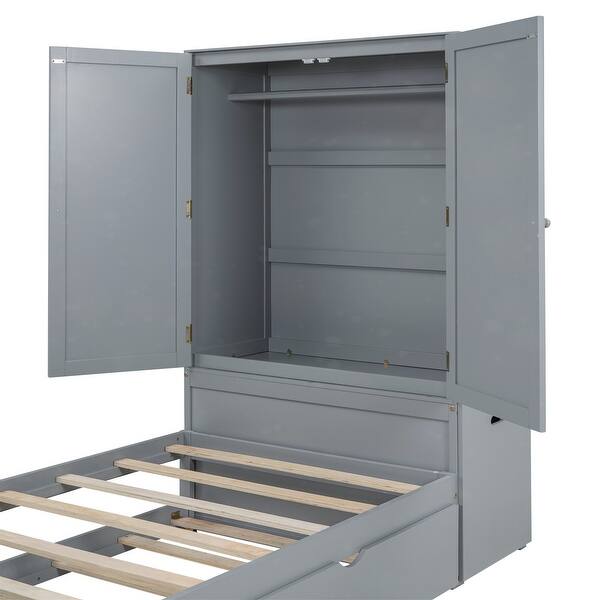 slide 2 of 34, Twin Size Platform Bed with Storage Headboard and Footboard, Pull Out Shelves and Twin Size Trundle, Gray