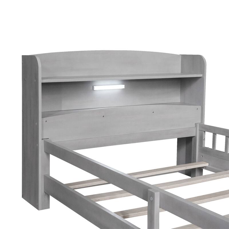 Multifunctional Wood Platform Bed, Twin/Full with LED Headboard Light & Storage